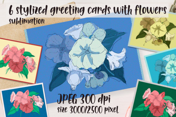 6 Stylized Greeting Cards with Flowers